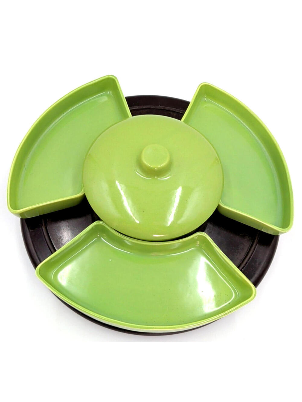 VTG MCM Santa Anita Ware Dip Serving 3 Dish Set+Lazy Susan+Lid Green *READ CHIPS